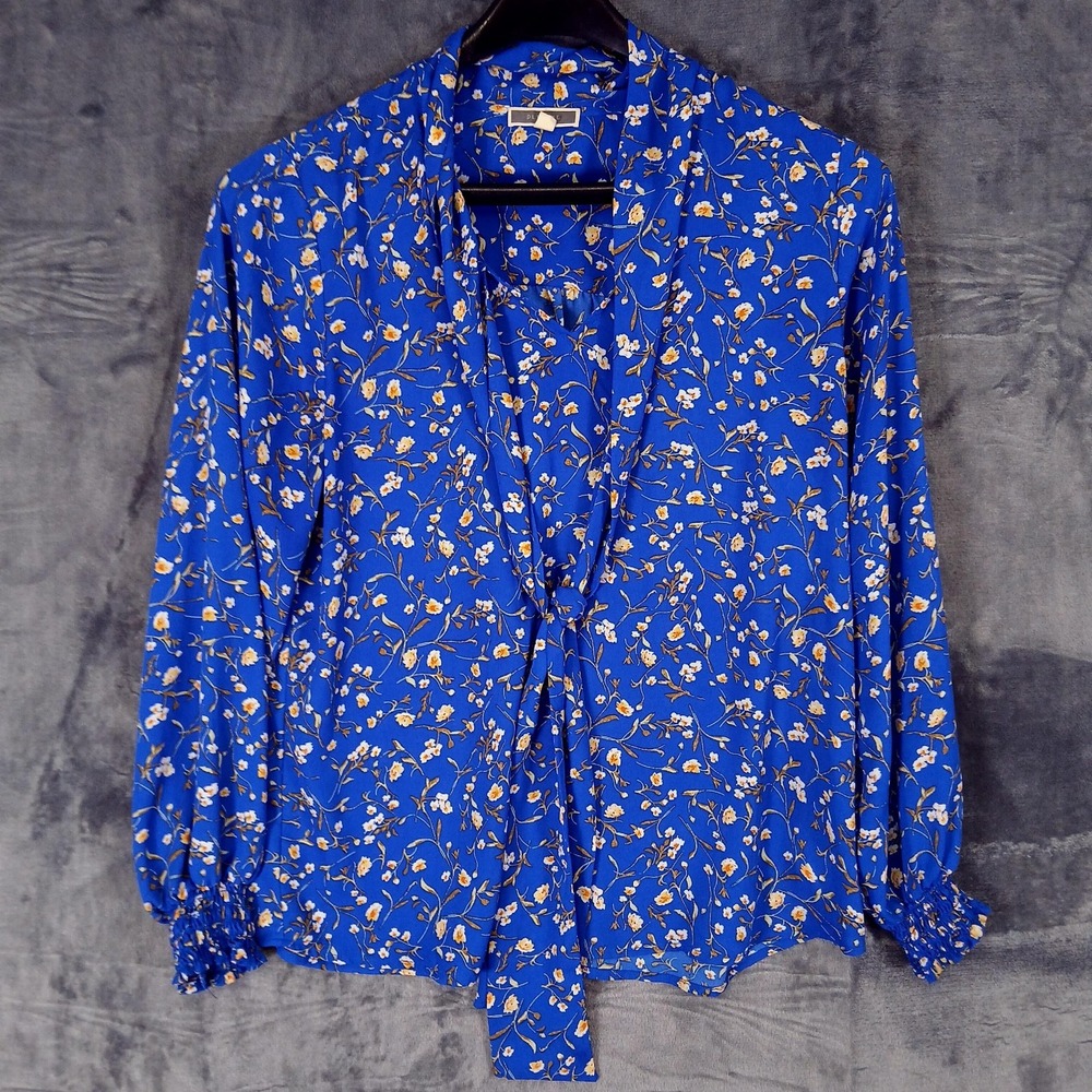Pleione Blouse Womens Large Blue Floral Tie Neck‎ Long Sleeve Boho Top Print
